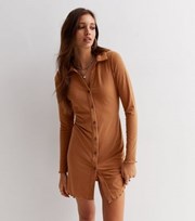 New Look Dark Brown Ribbed Jersey Long Sleeve Frill Mini Shirt Dress